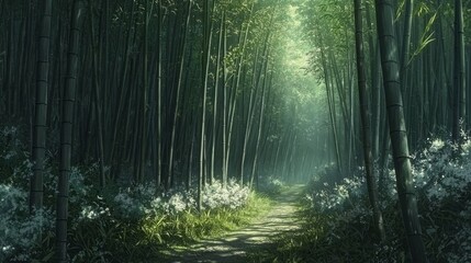Naklejka premium Serene Bamboo Forest Pathway with Lush Vegetation and Light Rays