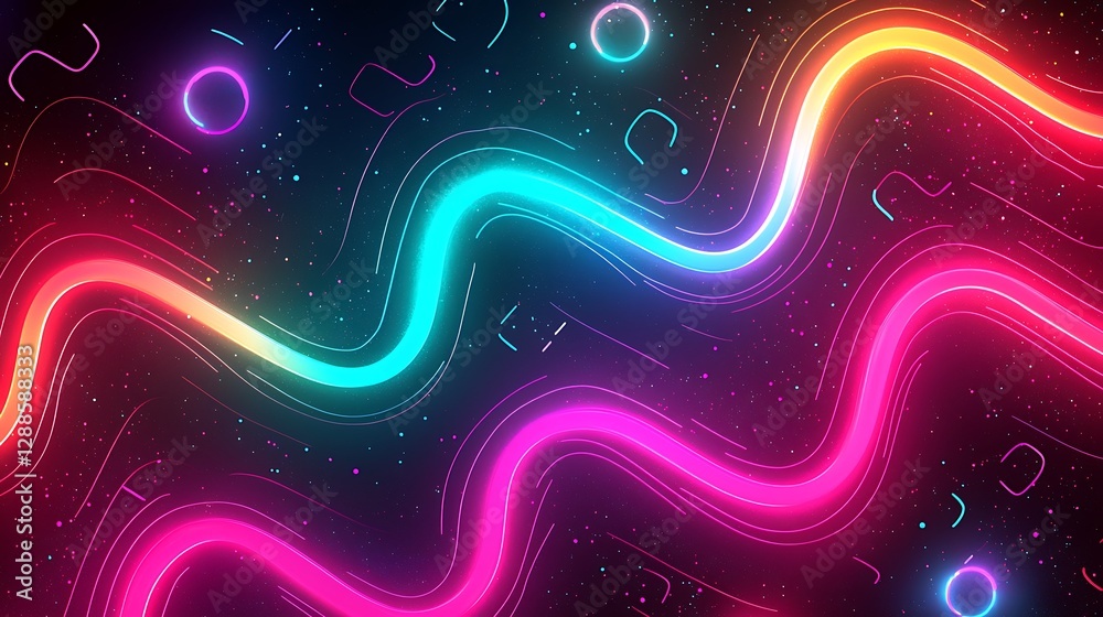 Poster vibrant neon lines pattern creating energy waves with sparkles on a dark background, digital art