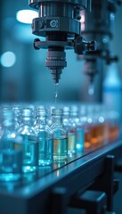 Automated skincare product manufacturing. Close-up of machine filling bottles. Modern laboratory equipment at pharmaceutical factory. Blue bottles with essence on conveyor line. Cosmetic industry.