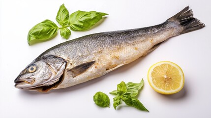 Steamed sea bass with lemon and basil, isolated on a clean white backdrop --chaos 20 --ar 16:9 --quality 2 --v 6.1 Job ID: 9971ec61-c57a-4b65-8c71-59077c051e77