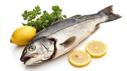 Steamed sea bass with lemon and parsley, isolated on a minimalist white background --chaos 20 --ar 16:9 --quality 2 --v 6.1 Job ID: 7a78f386-32a2-45ec-a984-b771739f3a5e
