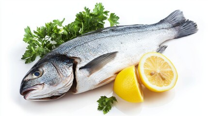 Steamed sea bass with lemon and parsley, isolated on a minimalist white background --chaos 20 --ar 16:9 --quality 2 --v 6.1 Job ID: 7a78f386-32a2-45ec-a984-b771739f3a5e