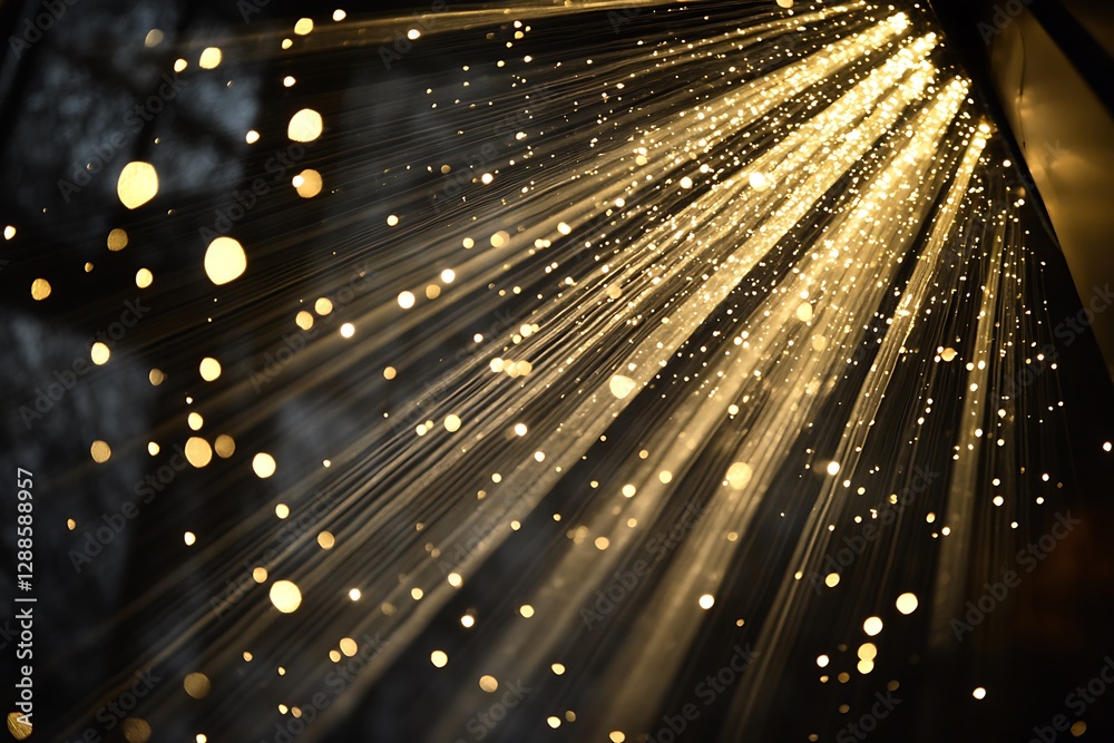 Poster golden light rays and bokeh sparkles on black background.