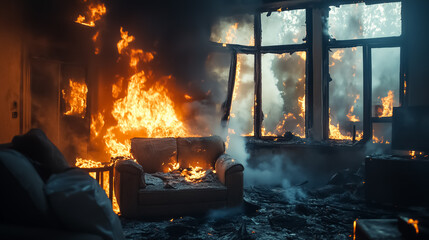 View of the interior of a burning house through broken windows, flames and smoke consuming furniture