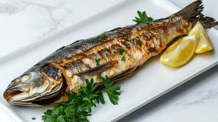 Steamed sea bass with lemon wedges and parsley, elegantly presented on a plain white surface --chaos 20 --ar 16:9 --quality 2 --v 6.1 Job ID: 7682c1d5-bae2-45fe-8c1a-8a439ca67e63