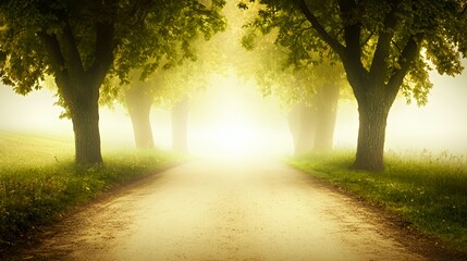 Naklejka premium Golden Path Through Foggy Trees