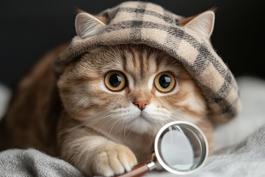 A mischievous cat dressed as a detective, holding a magnifying glass with a sneaky and curious expression. Perfect for mystery and crime-solving themes