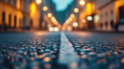Night city street asphalt road vanishing point bokeh lights