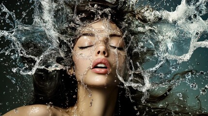 Woman, water, splash, beauty, studio, dark, background, skincare, ad, photoshoot