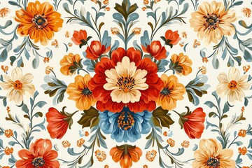 Floral Pattern Background with Vintage Style Flowers and Ornamental Leaves