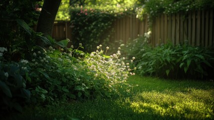 Sunlit backyard garden path, flowers, fence, summer