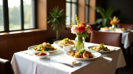 Fototapeta premium A sunlit table set for a delightful meal, showcasing vibrant dishes and a cheerful floral arrangement in a refined dining setting