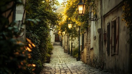 Obraz premium Serene Cobblestone Alley in Historic European Village at Dusk