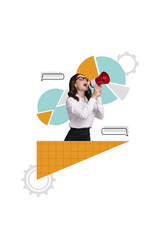 Vertical collage picture of elegant excited girl hold loudspeaker toa say tell dialogue bubble...