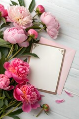 Card for inscription with spring day, mother's day, peony flowers, top view