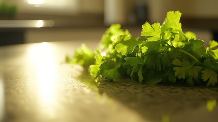 Fresh parsley on kitchen counter, sunlight, cooking prep