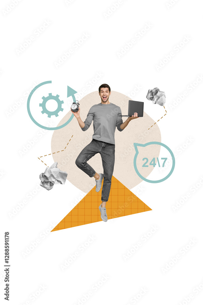 Poster vertical billboard collage of funny workaholic businessman hold laptop with timer reminder around cl