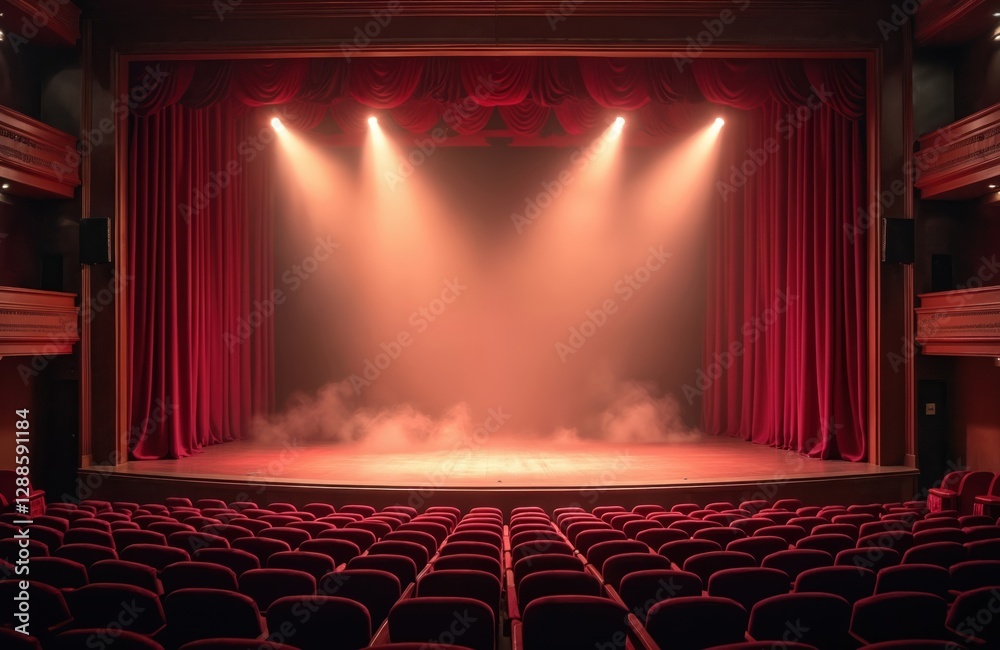 Aufkleber Theater stage light background with spotlight illuminating stage. Opera performance setting. Empty stage with warm ambiance colors, fog, smoke, backdrop. Entertainment show, performance preparation,