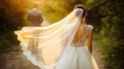 Bride walks towards groom, sunset forest path, wedding