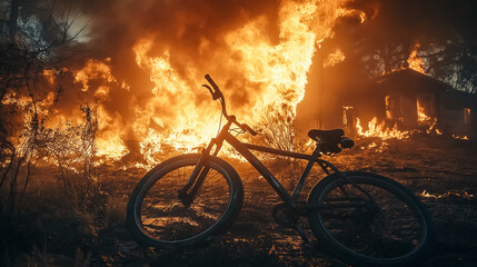 Obraz premium A charred bicycle lying on the lawn of a burning home, with swirling smoke and bright flames in the background