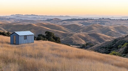 Sunset Shed, Hilltop Meadow, Golden Hills, Rural Landscape, Pastoral Serenity