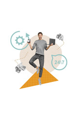 Vertical billboard collage of funny workaholic businessman hold laptop with timer reminder around clock isolated on beige background