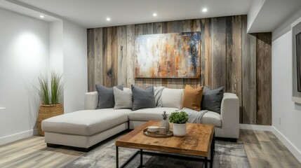 Cozy Modern Living Room with Stylish Couch and Artistic Decor