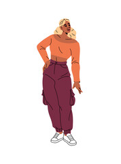 Happy African American girl in trendy trousers in sports style. Cute young black woman is wearing stylish casual clothes. Female in fashion pants stands. Flat isolated vector illustration on white