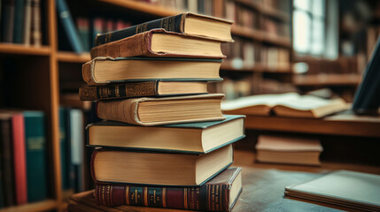A neatly stacked pile of books sitting on a desk in a public library, symbolizing education and knowledge