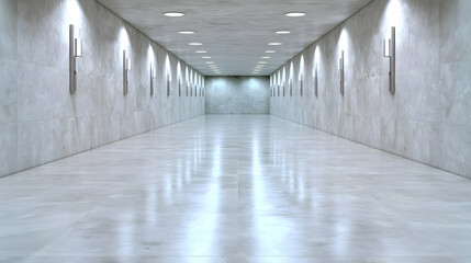 Long, lit corridor; reflective floor; modern building interior; architectural background; website design
