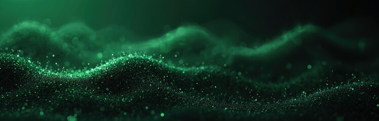 Dark background with intricate green web pattern and subtle white particles. Tech backdrop with clean look, free space. Modern design with glowing dots, virtual light effects.