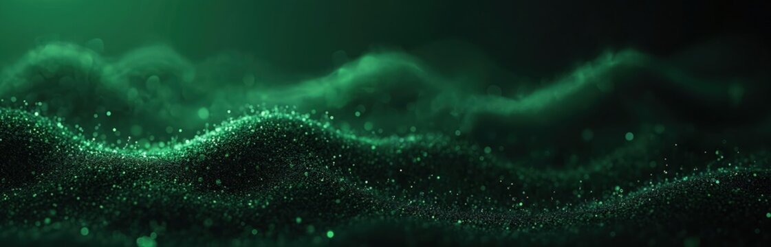 Dark background with intricate green web pattern and subtle white particles. Tech backdrop with clean look, free space. Modern design with glowing dots, virtual light effects.