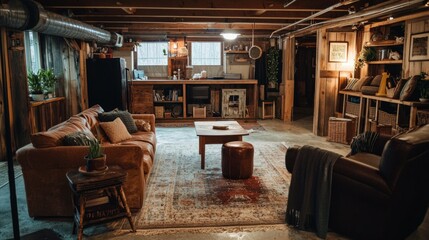 Obraz premium Cozy Basement Space with Leather Sofa and Rustic Decor