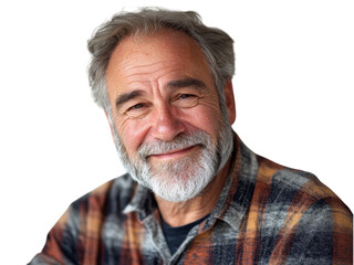Obraz premium Portrait of a Smiling Senior Man with Gray Hair and Beard Wearing a Plaid Shirt