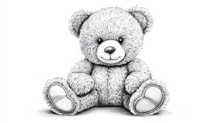 Hand drawn sketch of a fluffy teddy bear sitting with a gentle smile and soft fur in monochrome style