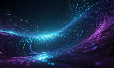 Fototapeta premium Light swirls and particles in digital style on dark background. Concept of energy, technology, and movement
