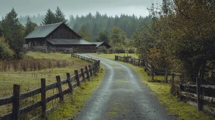 Fototapeta premium Serene Country Road Leading to Rustic Barn in Misty Landscape