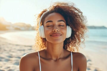 Happy young woman with curly hair smiling while listening to music on a beach during golden hour.

