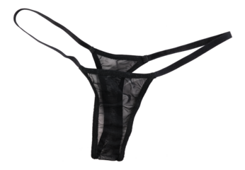 Women's sexy black thong panties on a white background. 