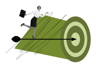 Composite trend artwork sketch image 3D photo collage of young office lady wear suit walk on arrow achieve goal success decision