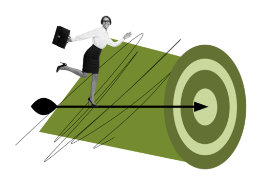 Composite trend artwork sketch image 3D photo collage of young office lady wear suit walk on arrow achieve goal success decision