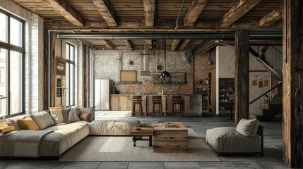 Cozy Industrial Living Room with Rustic Decor and Open Space
