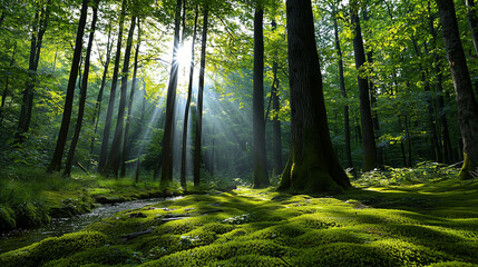 Obraz premium Tranquil Forest with Sunlight Filtering Through Trees