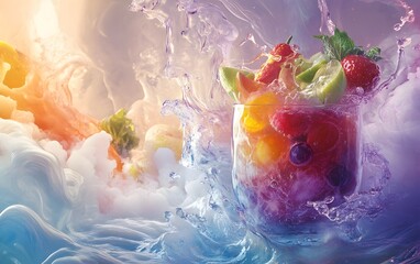 A vibrant and refreshing cocktail with fresh fruit splashes, showcasing a burst of colors and tantalizing flavors in a dynamic watery backdrop.