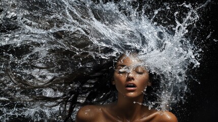 Fototapeta premium Woman, water splash, dark background, hair, beauty, advertising