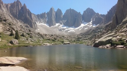 Alpine lake reflects majestic peaks; hiker's serene view; travel brochure