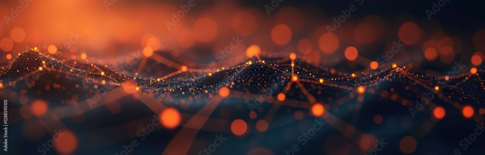 Poster energetic dark background with vibrant orange data particles, connecting lines for sleek look. moder