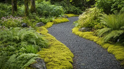 Obraz premium Serene Pathway Through Lush Green Garden Surrounded by Foliage