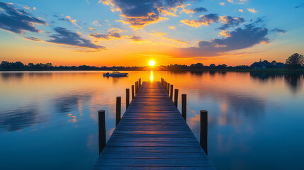Fototapeta premium Tranquil Lake at Sunset - Serene Dock with Reflective Water & Colorful Sky, nature photography, travel blogs, relaxation themes, mindfulness content, scenic wallpapers,