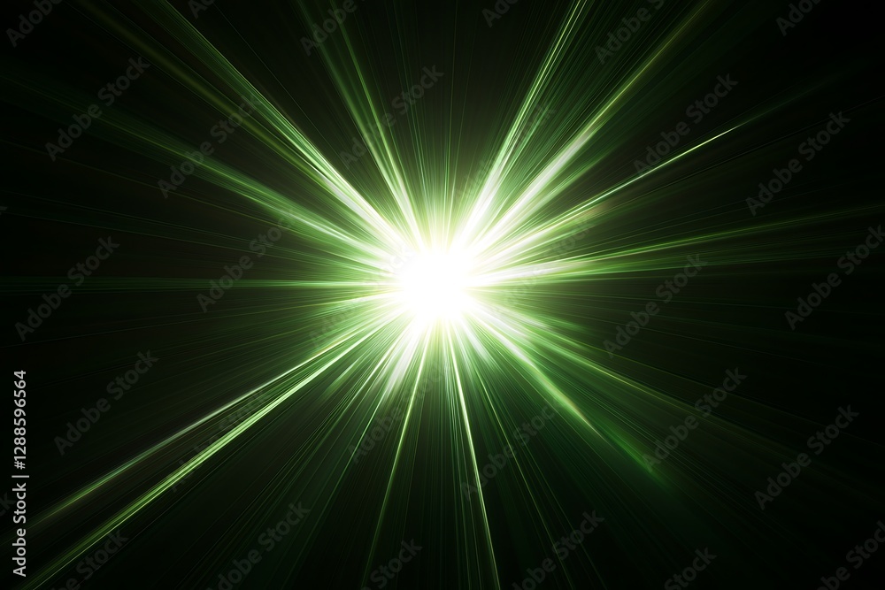 Poster green light rays burst from bright core on black.